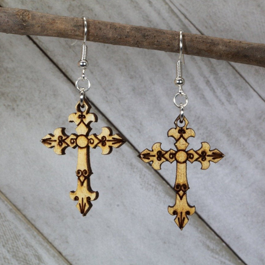 Hand-painted wooden gothic cross dangle earrings with dark faith design and hypoallergenic sterling silver hooks, lightweight gothic statement jewelry earrings for alternative spiritual style 