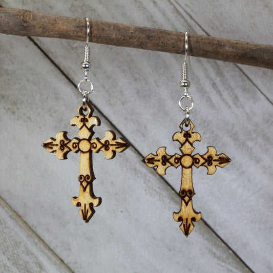 Hand-painted wooden gothic cross dangle earrings with dark faith design and hypoallergenic sterling silver hooks, lightweight gothic statement jewelry earrings for alternative spiritual style 