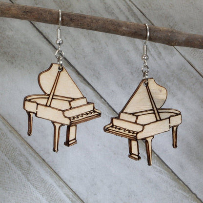 Hand-painted wooden grand piano dangle earrings with detailed musician instrument design and hypoallergenic sterling silver hooks, lightweight piano statement jewelry earrings for pianists, music teachers, and concert lovers