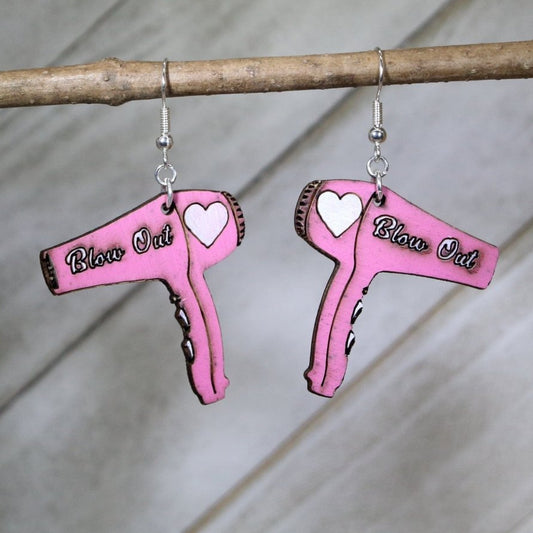 Hand-painted wooden hair dryer dangle earrings with stylist tool design and hypoallergenic sterling silver hooks, lightweight hairstylist statement jewelry earrings for salon professionals and beauty lovers
