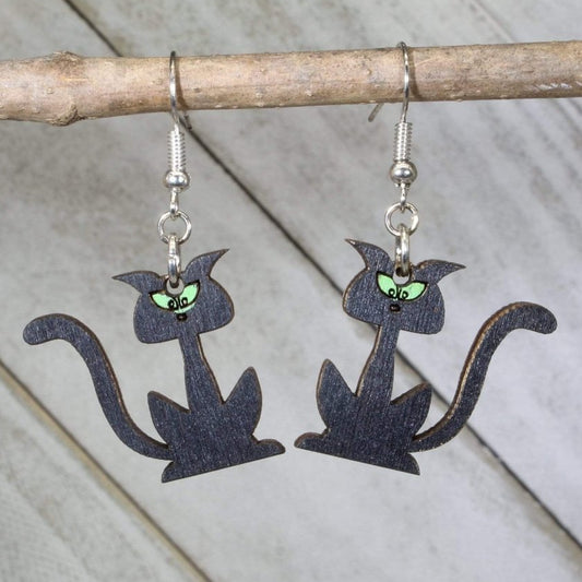 Hand-painted wooden black cat silhouette dangle earrings with spooky Halloween design and hypoallergenic sterling silver hooks, lightweight cat statement jewelry earrings for gothic and seasonal style