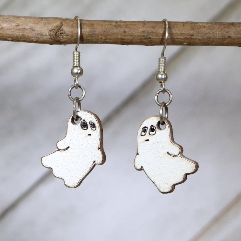 Hand-painted wooden Halloween ghost dangle earrings with spooky cute design and hypoallergenic sterling silver hooks, lightweight ghost statement jewelry earrings for fall and haunted season style