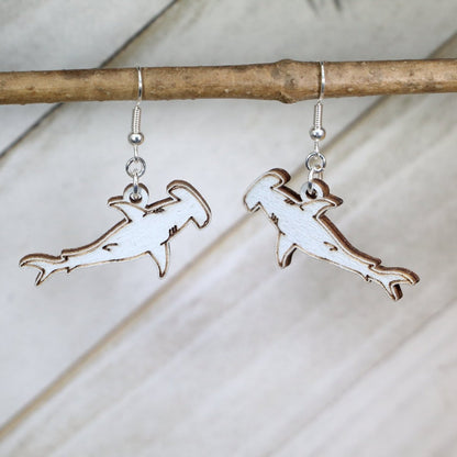 Hand-painted wooden hammerhead shark dangle earrings with ocean sea life design and hypoallergenic sterling silver hooks, marine wildlife statement jewelry for shark lovers and beach fans
