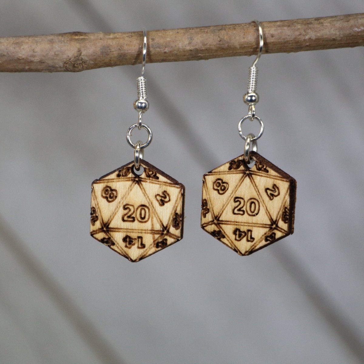 Hand-painted wooden DnD dice dangle earrings with tabletop gaming design and hypoallergenic sterling silver hooks, lightweight RPG statement jewelry earrings for dungeon masters and fantasy gamers