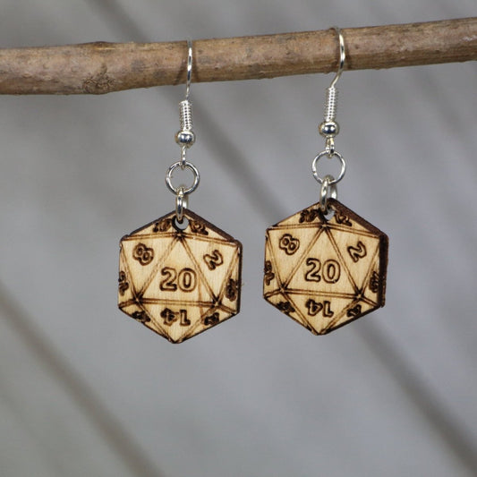 Hand-painted wooden DnD dice dangle earrings with tabletop gaming design and hypoallergenic sterling silver hooks, lightweight RPG statement jewelry earrings for dungeon masters and fantasy gamers