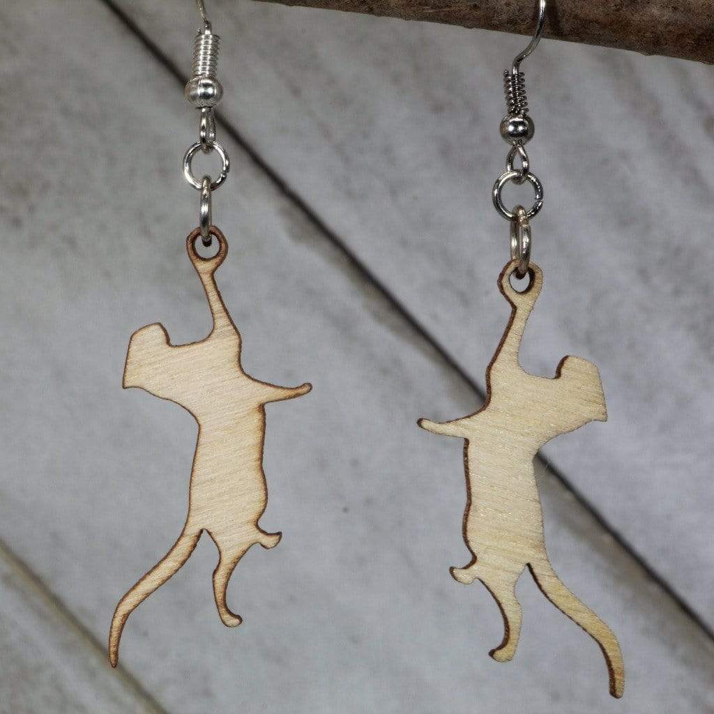 Hand-painted wooden hanging cat dangle earrings with cute playful design and hypoallergenic sterling silver hooks, lightweight cat statement jewelry earrings for cat lovers and pet fans