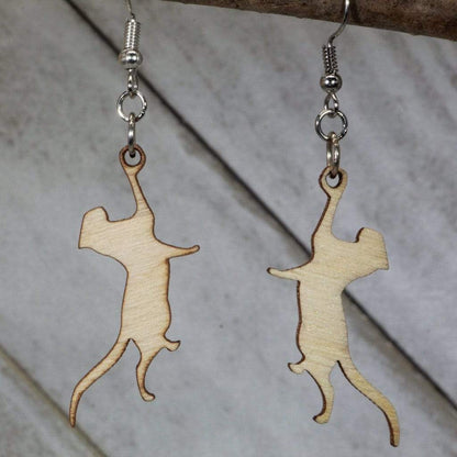 Hand-painted wooden hanging cat dangle earrings with cute playful design and hypoallergenic sterling silver hooks, lightweight cat statement jewelry earrings for cat lovers and pet fans