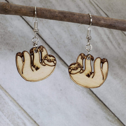 Hand-painted wooden hanging sloth dangle earrings with cute jungle animal design and hypoallergenic sterling silver hooks, lightweight sloth statement jewelry earrings for animal lovers 