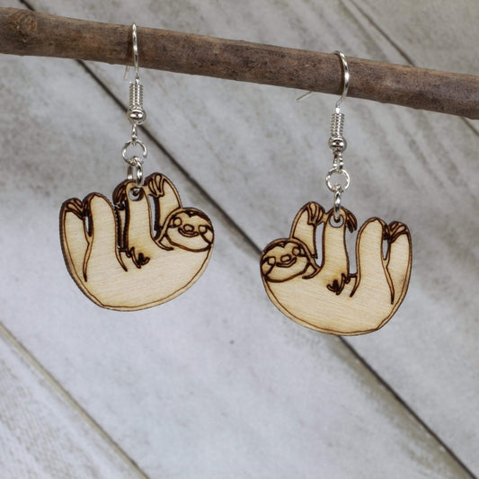 Hand-painted wooden hanging sloth dangle earrings with cute jungle animal design and hypoallergenic sterling silver hooks, lightweight sloth statement jewelry earrings for animal lovers 