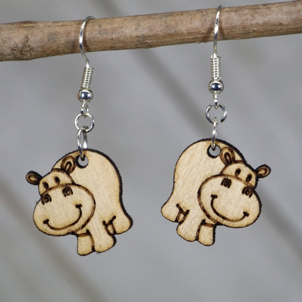 Hand-painted wooden happy hippo dangle earrings with cute animal design and hypoallergenic sterling silver hooks, lightweight hippo statement jewelry earrings for animal lovers and playful style 