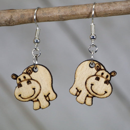 Hand-painted wooden happy hippo dangle earrings with cute animal design and hypoallergenic sterling silver hooks, lightweight hippo statement jewelry earrings for animal lovers and playful style 