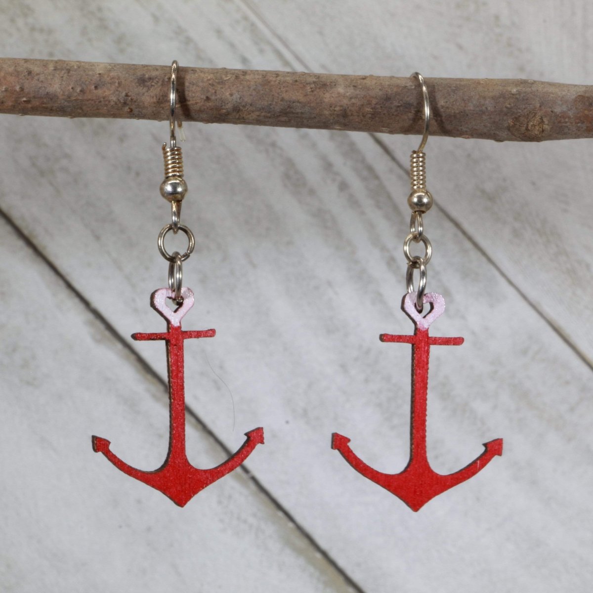 Hand-painted wooden heart anchor dangle earrings with nautical love design and hypoallergenic sterling silver hooks, lightweight anchor statement jewelry earrings for beach lovers and coastal style