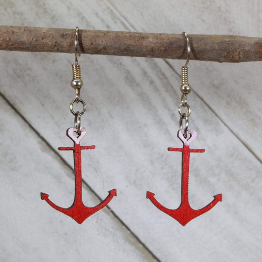 Hand-painted wooden heart anchor dangle earrings with nautical love design and hypoallergenic sterling silver hooks, lightweight anchor statement jewelry earrings for beach lovers and coastal style