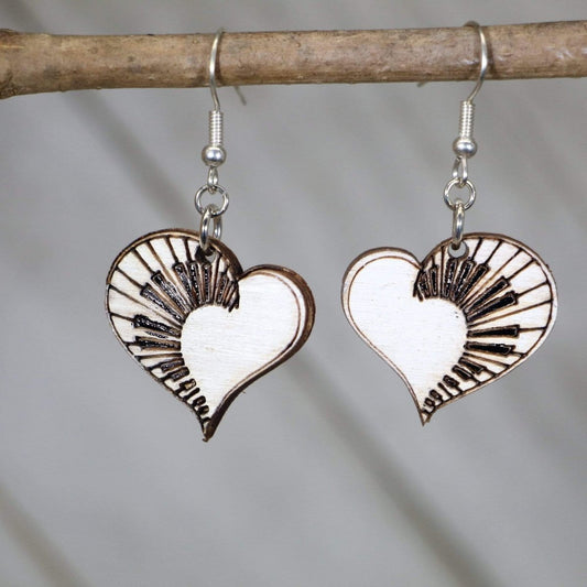 Hand-painted wooden heart piano dangle earrings with romantic music design and hypoallergenic sterling silver hooks, lightweight piano statement jewelry earrings for musicians and music lovers 
