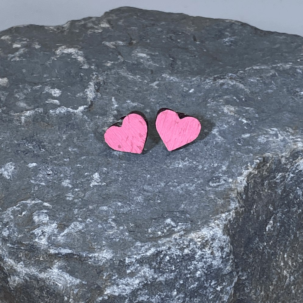 Hand-painted wooden heart stud earrings with cute minimalist design and hypoallergenic sterling silver posts, lightweight everyday heart jewelry for simple romantic style pink