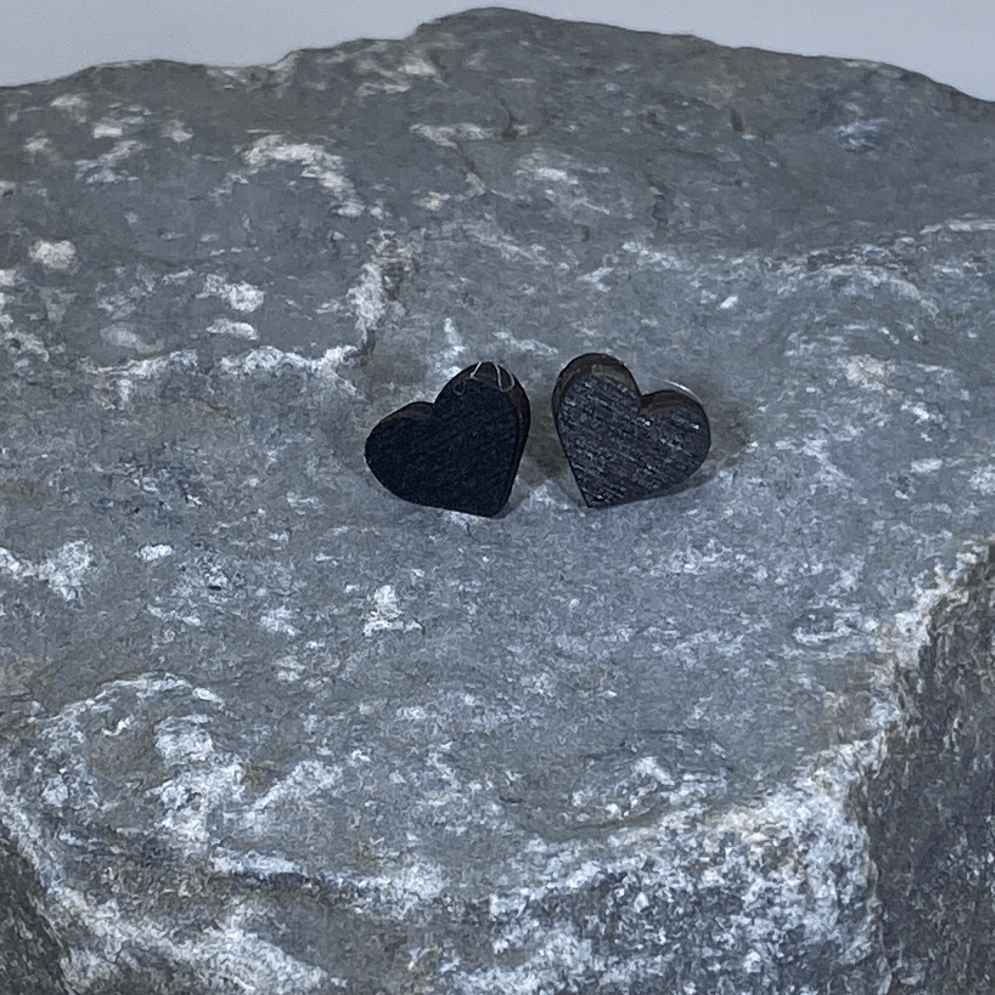 Hand-painted wooden heart stud earrings with cute minimalist design and hypoallergenic sterling silver posts, lightweight everyday heart jewelry for simple romantic style black