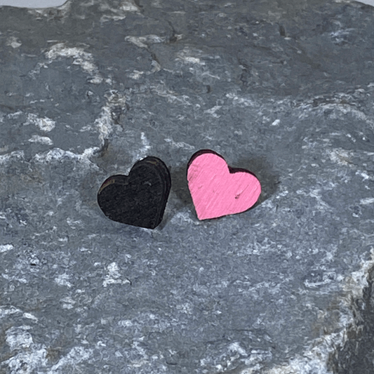 Hand-painted wooden heart stud earrings with cute minimalist design and hypoallergenic sterling silver posts, lightweight everyday heart jewelry for simple romantic style pink and black