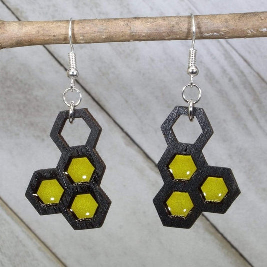 Hand-painted wood and resin honeycomb dangle earrings with detailed bee-inspired design and hypoallergenic sterling silver hooks, lightweight honeycomb statement jewelry earrings for nature lovers and bee fans