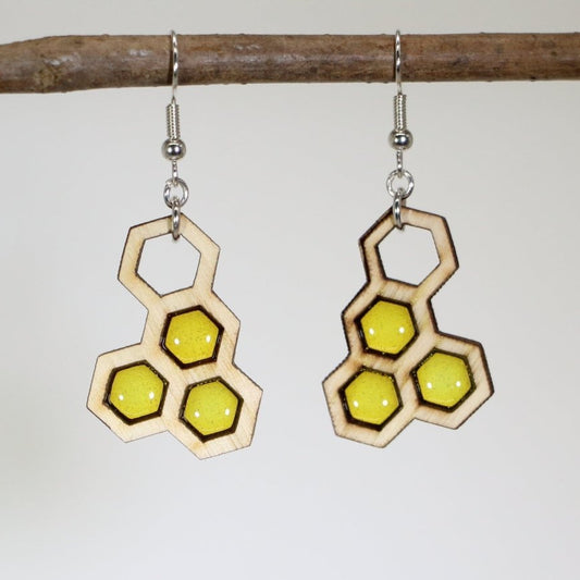 Hand-painted wooden honeycomb dangle earrings with geometric bee-inspired design and hypoallergenic sterling silver hooks, lightweight honeycomb statement jewelry earrings for nature lovers and modern style