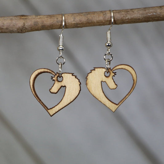 Hand-painted wooden horse heart dangle earrings featuring a romantic design with a horse silhouette forming a heart shape and hypoallergenic sterling silver hooks, lightweight jewelry for equestrians and horse lovers by Cate’s Concepts
