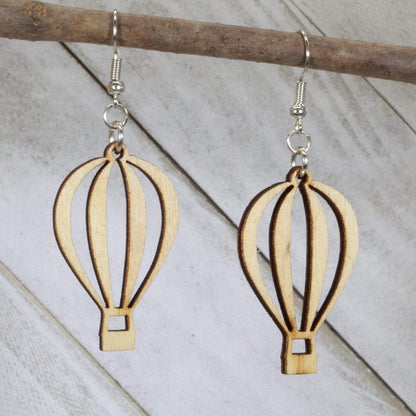 Hand-painted wooden hot air balloon dangle earrings with colorful travel design and hypoallergenic sterling silver hooks, lightweight balloon statement jewelry earrings for adventure lovers and wanderlust style