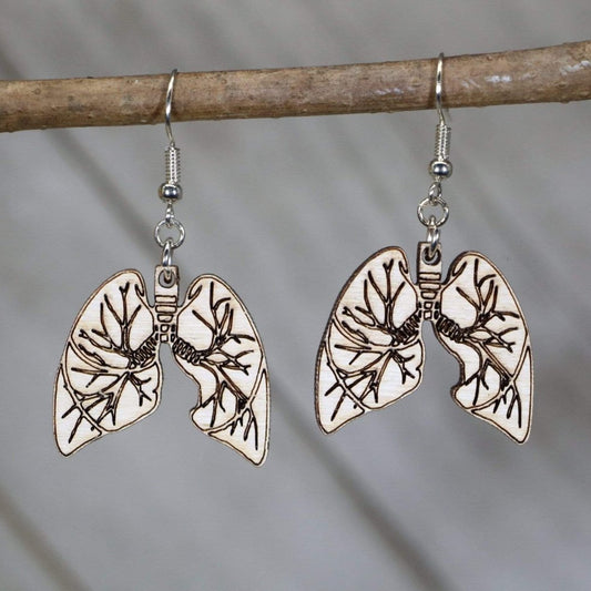 Hand-painted wooden human lung dangle earrings with detailed anatomy design and hypoallergenic sterling silver hooks, lightweight medical statement jewelry earrings for healthcare workers and science lovers