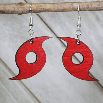 Hand-painted wooden hurricane symbol dangle earrings with swirling weather storm design and hypoallergenic sterling silver hooks, lightweight hurricane statement jewelry earrings for meteorology lovers and bold style