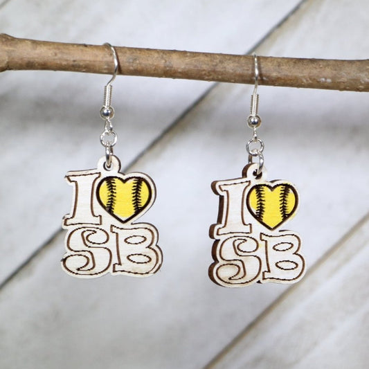 Hand-painted wooden I Love Softball dangle earrings with sporty heart design and hypoallergenic sterling silver hooks, lightweight softball mom statement jewelry for players, coaches, and proud sports moms