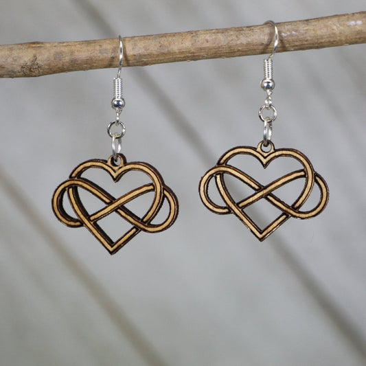 Hand-painted wooden infinity heart dangle earrings with polyamory love symbol design and hypoallergenic sterling silver hooks, lightweight heart statement jewelry earrings for meaningful relationship expression and romantic style