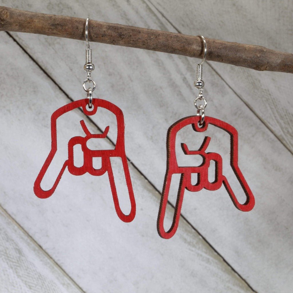 Hand-painted wooden inverted hand sign dangle earrings with rock gesture design and hypoallergenic sterling silver hooks, edgy music statement jewelry earrings for rock and metal fans