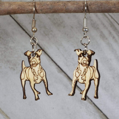 Hand-painted wooden Jack Russell terrier dangle earrings with detailed dog lover design and hypoallergenic sterling silver hooks, lightweight Jack Russell statement jewelry earrings for pet lovers and dog moms
