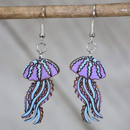 Hand-painted wooden jellyfish dangle earrings with flowing ocean sea life design and hypoallergenic sterling silver hooks, lightweight jellyfish statement jewelry earrings for beach lovers and marine style 