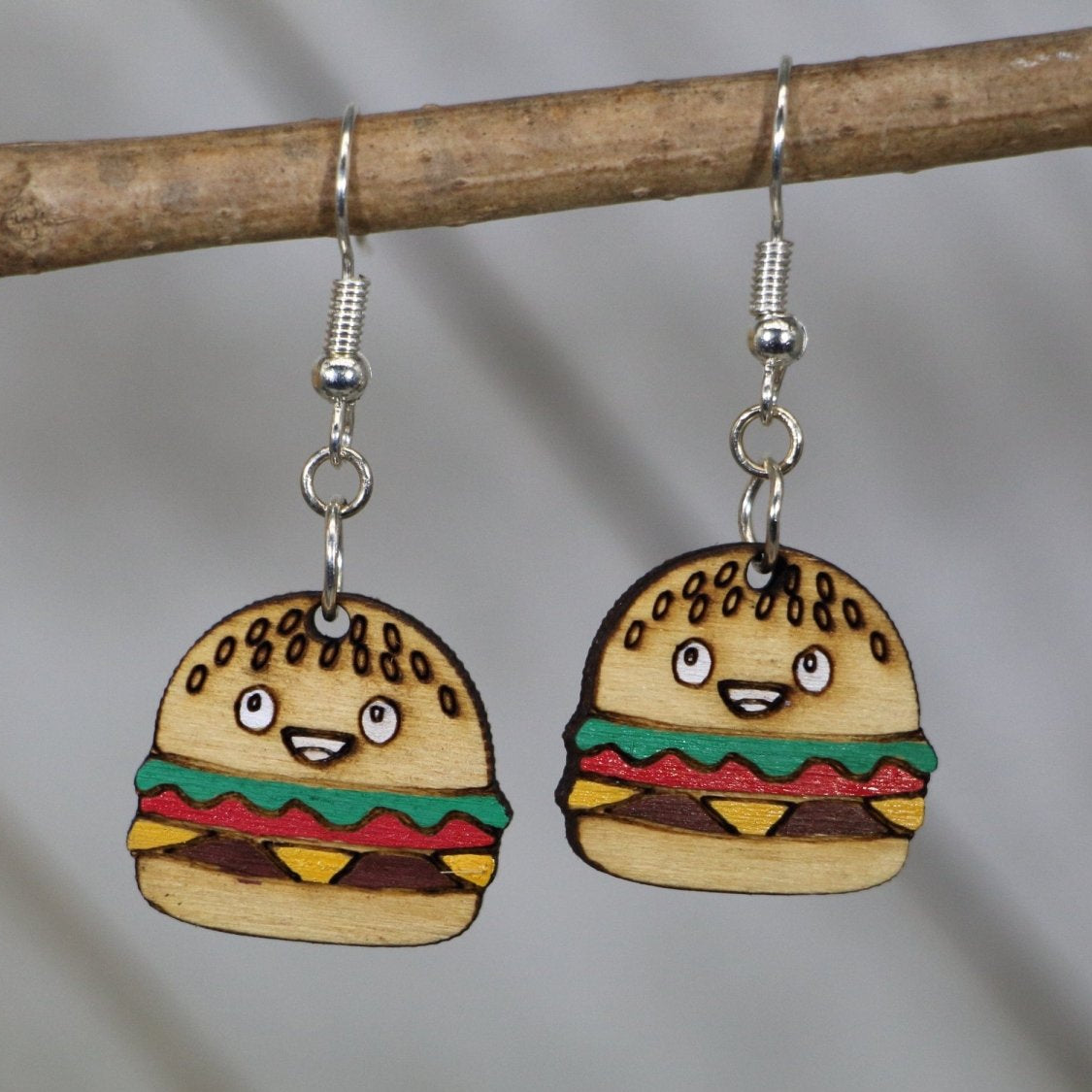 Hand-painted wooden kawaii cheeseburger dangle earrings with cute foodie design and hypoallergenic sterling silver hooks, lightweight burger statement jewelry earrings for fast food lovers and playful style 