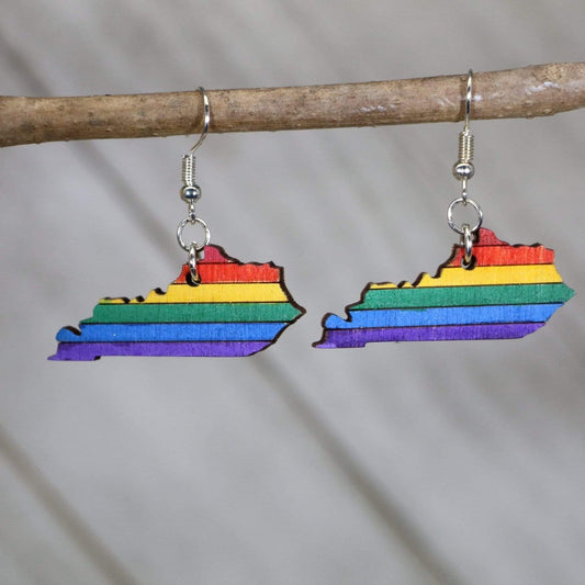 Hand-painted wooden Kentucky LGBTQ pride dangle earrings with rainbow state design and hypoallergenic sterling silver hooks, lightweight pride statement jewelry earrings for Kentucky pride and inclusive style
