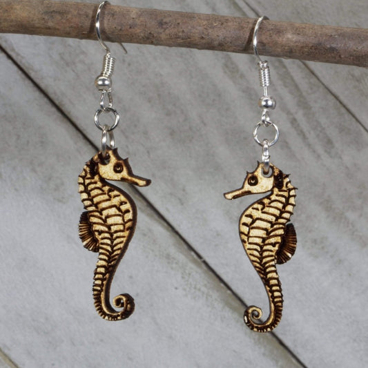 Kissing Seahorses Wooden Dangle Earrings - - Cate's Concepts, LLC