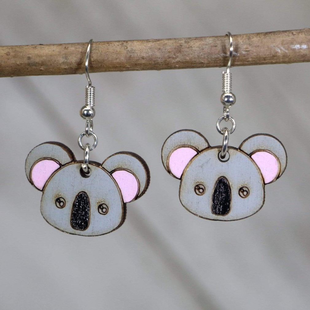 Hand-painted wooden koala dangle earrings with cute wildlife animal design and hypoallergenic sterling silver hooks, lightweight koala statement jewelry earrings for animal lovers and playful style
