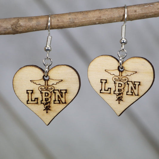 Hand-painted wooden LPN nurse dangle earrings with licensed practical nurse design and hypoallergenic sterling silver hooks, lightweight nurse statement jewelry earrings gift for healthcare workers and nurses