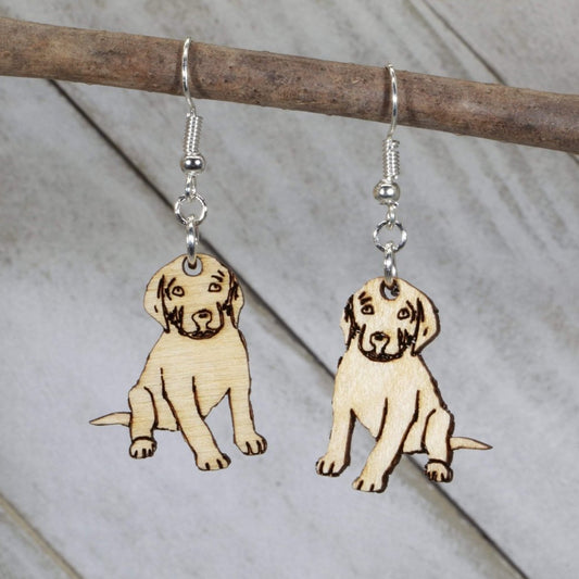Hand-painted wooden Labrador puppy dangle earrings with adorable dog lover design and hypoallergenic sterling silver hooks, lightweight Labrador statement jewelry earrings for pet lovers and dog moms