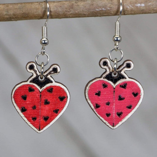 Hand-painted wooden ladybug dangle earrings with cute insect nature design and hypoallergenic sterling silver hooks, lightweight ladybug statement jewelry earrings for garden lovers and whimsical style