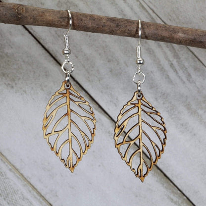 Hand-painted wooden leaf cutout dangle earrings with minimalist nature design and hypoallergenic sterling silver hooks, lightweight leaf statement jewelry earrings for botanical and earthy style
