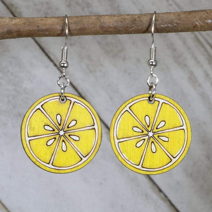 Hand-painted wooden lemon slice dangle earrings with bright citrus fruit design and hypoallergenic sterling silver hooks, lightweight summer statement jewelry earrings for fresh fruity and tropical style