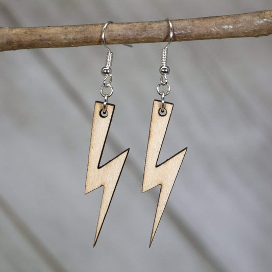 Hand-painted wooden lightning bolt dangle earrings with electric storm design and hypoallergenic sterling silver hooks, lightweight lightning statement jewelry earrings for bold edgy style