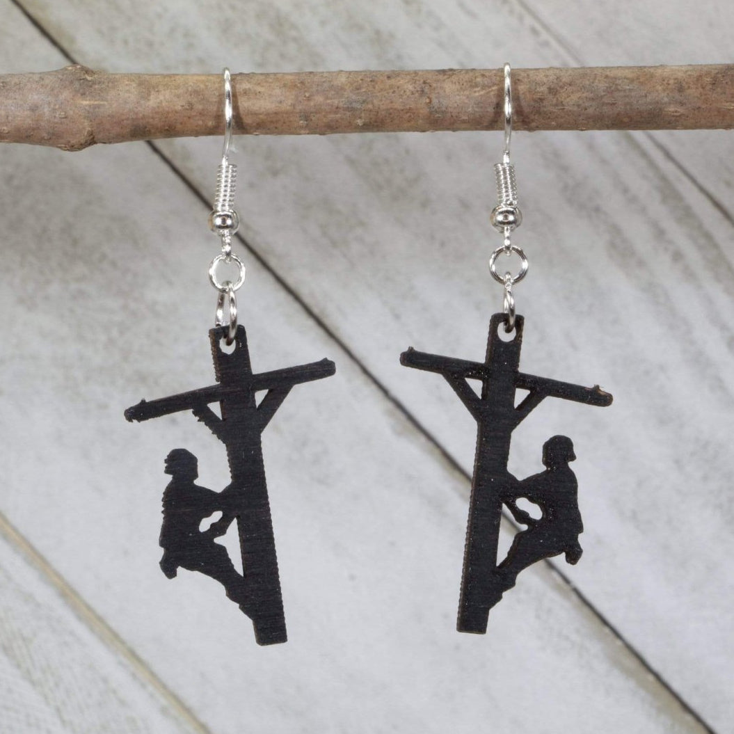 Hand-painted wooden lineman dangle earrings with electrical worker utility design and hypoallergenic sterling silver hooks, lightweight lineman statement jewelry earrings for utility workers and trade pride