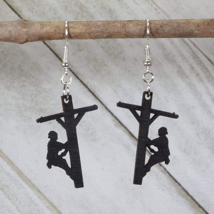 Hand-painted wooden lineman dangle earrings with electrical worker utility design and hypoallergenic sterling silver hooks, lightweight lineman statement jewelry earrings for utility workers and trade pride