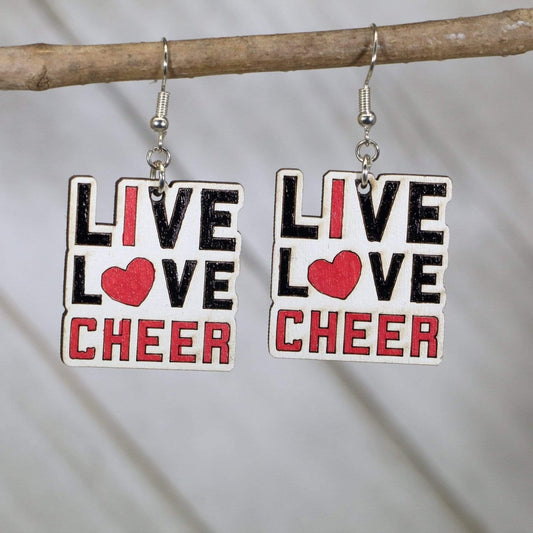 Hand-painted wooden live love cheer dangle earrings with spirited cheerleader design and hypoallergenic sterling silver hooks, lightweight cheer statement jewelry earrings for athletes, fans, and cheer moms 