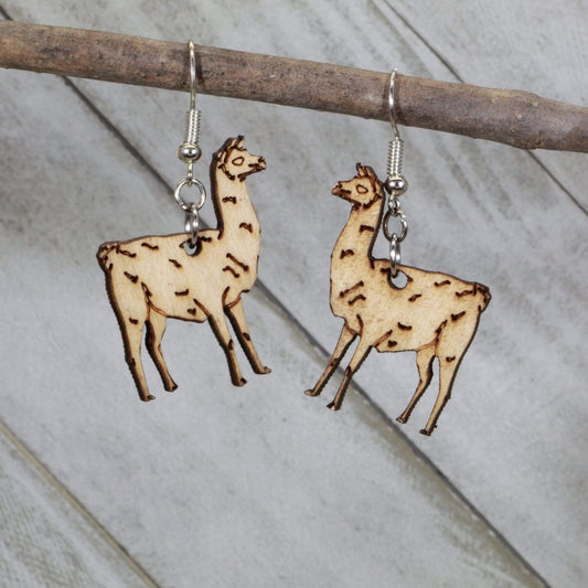 Hand-painted wooden llama dangle earrings with cute alpaca-inspired animal design and hypoallergenic sterling silver hooks, lightweight llama statement jewelry earrings for quirky style and animal lovers