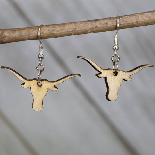 Hand-painted wooden longhorn dangle earrings with classic Texas western design and hypoallergenic sterling silver hooks, lightweight longhorn statement jewelry earrings for ranch style and state pride