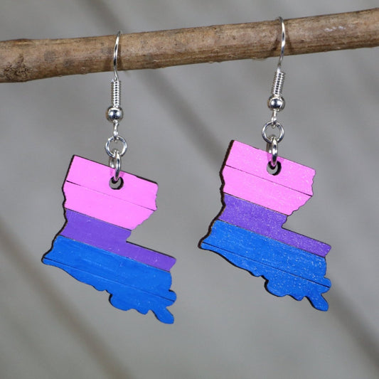 Hand-painted wooden Louisiana bisexual pride dangle earrings with bi flag inspired state design and hypoallergenic sterling silver hooks, lightweight LGBTQ statement jewelry earrings for Louisiana pride and inclusive style