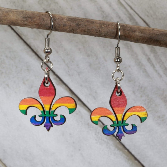 Hand-painted wooden Louisiana fleur-de-lis pride dangle earrings with rainbow design and hypoallergenic sterling silver hooks, lightweight LGBTQ statement jewelry earrings for New Orleans pride style