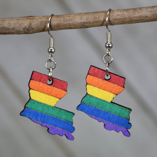 Hand-painted wooden Louisiana pride dangle earrings with LGBTQ rainbow state design and hypoallergenic sterling silver hooks, lightweight Louisiana statement jewelry earrings for pride and inclusive southern style 